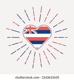 Hawaii heart with flag of the US state. Sunburst around Hawaii heart sign. Vector illustration.