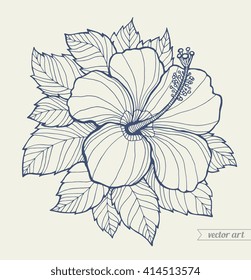 Hawaii hibiscus flower, leaf. Aloha Hawaii, vector hibiscus flower, floral artwork. Summer bohemia concept for invitation, card, ticket, boutique logo, label, emblem. Monochrome hibiscus flower