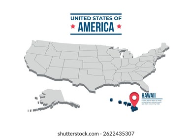 Hawái Destacado En Un Mapa Isométrico 3D De Los Estados Unidos De América