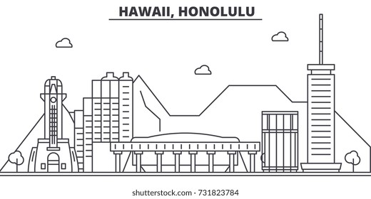Hawaii, Honolulu architecture line skyline illustration. Linear vector cityscape with famous landmarks, city sights, design icons. Landscape wtih editable strokes