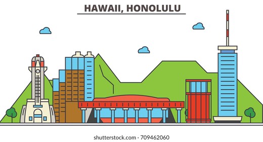 Hawaii, Honolulu.City skyline: architecture, buildings, streets, silhouette, landscape, panorama, landmarks, icons. Editable strokes. Flat design line vector illustration concept.