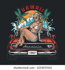 Hawaii Hot Girls Flyer bunten Porträt Frau in BH und kurze sitzt auf Kapuzenauto auf Strand Honolulu Vektorgrafik