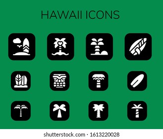 hawaii icon set. 12 filled hawaii icons.  Simple modern icons such as: Surfboard, Palm tree, Coconut tree, Tiki