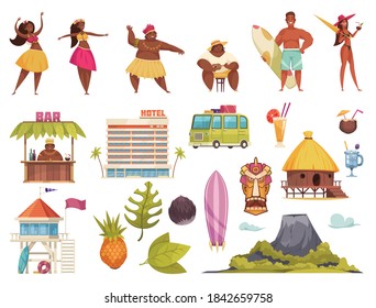 Hawaii icon set with Hawaiian people hotels huts buses surf attributes volcano vector illustration