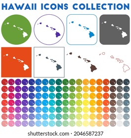 Hawaii icons collection. Bright, colorful, trendy map icons. Modern Hawaii badge with island map. Vector illustration.