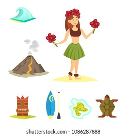 Hawaii icons dancer woman tiki gods totem pole tiki torches and fish vector illustration.