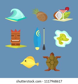 Hawaii icons tiki gods totem pole tiki torches and fish vector illustration.