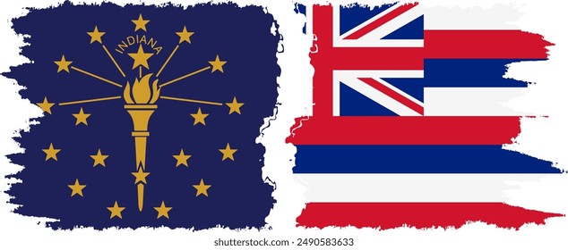 Hawaii and Indiana states grunge brush flags connection, vector