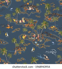 Hawaii Island Beach Seamless Pattern illustration Vector On Navy Background, Palm Beach Surfing 