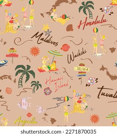 Hawaii Island Hand Draw illustration Vector Seamless Pattern Print With Palm Tree 