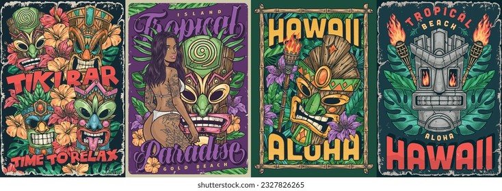 Hawaii island set flyer colorful tiki mascots and tattooed girl in bikini to invite tourists for summer holidays vector illustration