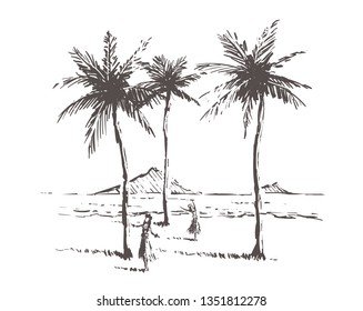 Hawaii island sketch with gils. Hawaii palm beach  hand drawn vintage vector illustration. Isolated on white background.