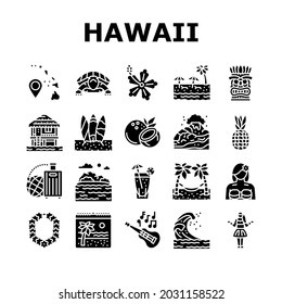 Hawaii Island Vacation Resort Icons Set Vector. Hawaiian Girl Dancing Dance And Drinking Tropical Cocktail, Bungalow Building On Water And Hawaii Sandy Beach Sea Coast Glyph Black Illustrations