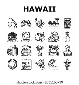 Hawaii Island Vacation Resort Icons Set Vector. Hawaiian Girl Dancing Dance And Drinking Tropical Cocktail, Bungalow Building On Water And Hawaii Sandy Beach Sea Coast Black Contour Illustrations