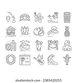 Hawaii Island Vacation Resort Icons Set Vector. Hawaiian Girl Dancing Dance And Drinking Tropical Cocktail, Bungalow Building On Water And Hawaii Sandy Beach Sea Coast Black Contour Illustrations