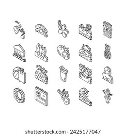 Hawaii Island Vacation Resort isometric icons set. Hawaiian Girl Dancing Dance And Drinking Tropical Cocktail, Bungalow Building On Water And Hawaii Sandy Beach Sea Coast Line. Color .