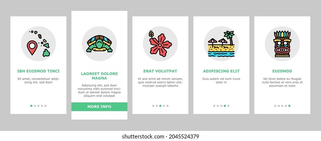 Hawaii Island Vacation Resort Onboarding Mobile App Page Screen Vector. Hawaiian Girl Dancing Dance And Drinking Tropical Cocktail, Bungalow Building On Water Hawaii Sandy Beach Coast Illustrations