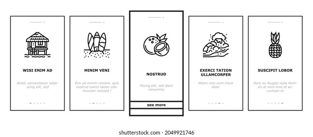Hawaii Island Vacation Resort Onboarding Mobile App Page Screen Vector. Hawaiian Girl Dancing Dance And Drinking Tropical Cocktail, Bungalow Building On Water Hawaii Sandy Beach Coast Illustrations