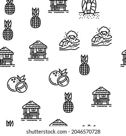 Hawaii Island Vacation Resort Vector Seamless Pattern Thin Line Illustration