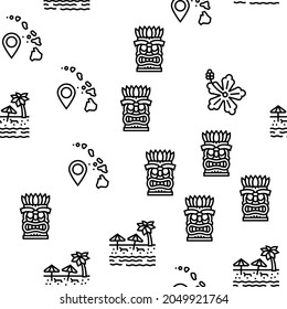 Hawaii Island Vacation Resort Vector Seamless Pattern Thin Line Illustration