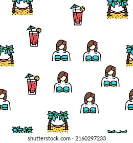 Hawaii Island Vacation Resort Vector Seamless Pattern Thin Line Illustration