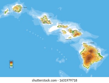 Hawaii Islands Detailed Physical Map