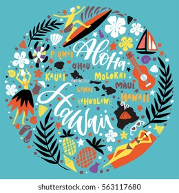Hawaii Islands map and tourist attractions, symbols and elements - ukulele, hula dancer, surfer, pineapple, sunbathing girl, palm leaves and others. Hand drawn lettering design in circle.