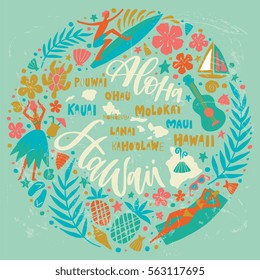 Hawaii Islands map and tourist attractions, symbols and elements - ukulele, hula dancer, surfer, pineapple, sunbathing girl, palm leaves and others. Hand drawn lettering design in circle.