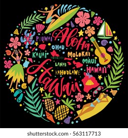 Hawaii Islands map and tourist attractions, symbols and elements - ukulele, hula dancer, surfer, pineapple, sunbathing girl, palm leaves and others. Hand drawn lettering design in circle.