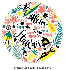 Hawaii Islands map and tourist attractions, symbols and elements - ukulele, hula dancer, surfer, pineapple, sunbathing girl, palm leaves and others. Hand drawn lettering design in circle.