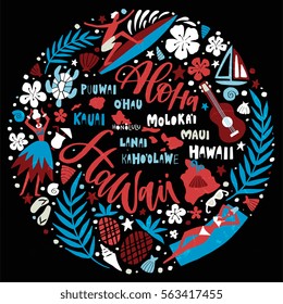 Hawaii Islands map and tourist attractions, symbols and elements - ukulele, hula dancer, surfer, pineapple, sunbathing girl, palm leaves and others. Hand drawn lettering design in circle.