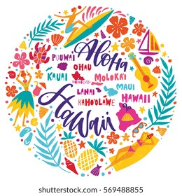 Hawaii Islands map and tourist attractions, symbols and elements - ukulele, hula dancer, surfer, pineapple, sunbathing girl, palm leaves and others. Hand drawn lettering design in circle.