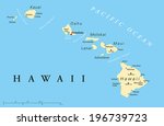 Hawaii Islands Political Map with capital Honolulu, most important cities and volcanoes. Vector illustration with English labeling and scaling.