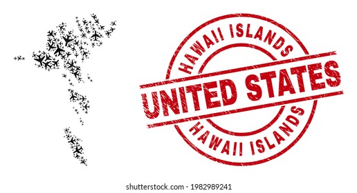 Hawaii Islands United States rubber seal stamp, and Faroe Islands map collage of aeroplane elements. Mosaic Faroe Islands map constructed with airplanes.