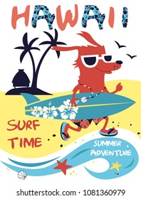 Hawaii Joyful Dog Surfer Template for Poster, Print on T-shirt. Vector illustration.