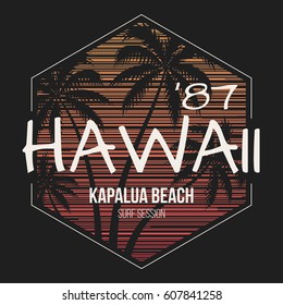 Hawaii Kapalua beach tee print with palm trees. T-shirt design graphics stamp label typography.Vector illustration.