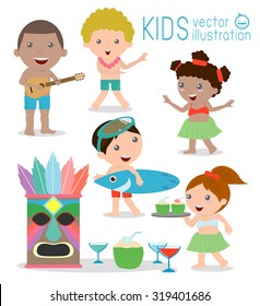 Hawaii Kids Vector Set, Hawaiian, Hawaii Set ,Vector illustration cartoon.