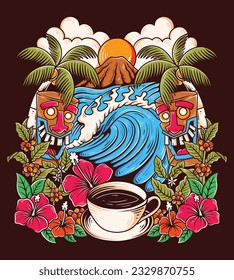 paisaje hawaiano con una taza de café, con algunas flores de primavera, y una planta de café en la vista de la playa