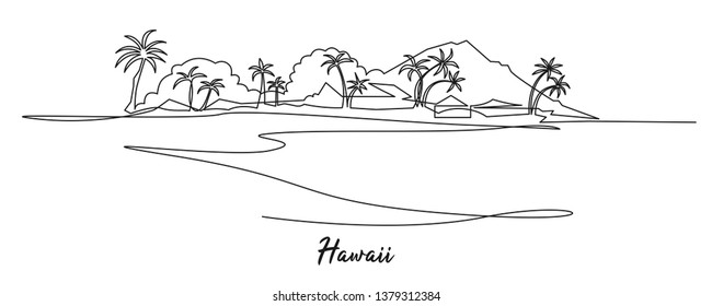 Hawaii landscape continuous one line drawing. Mountains, palms, seaside black ink hand drawn illustration. Summer vacation destination, travelling, exotic islands. Contour tropical scenery