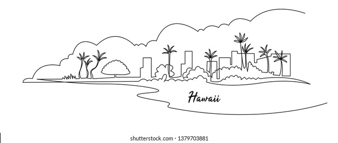 Hawaii landscape continuous one line drawing. Mountains, palms, seaside black ink hand drawn illustration. Summer vacation destination, travelling, exotic islands. Contour tropical scenery