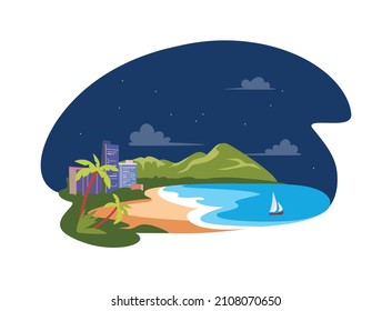 Hawaii Landscape Illustration. Beach In Honolulu City, View Of Diamond Head Famous Landmark Travel Destination. USA Vacation.