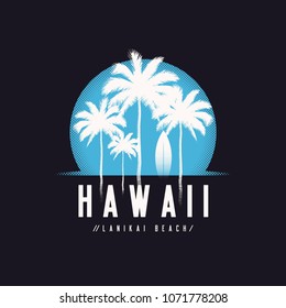 Hawaii Lanikai beach tee print with palm trees, t shirt design, typography, poster, vector illustration.