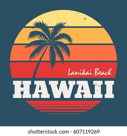 Hawaii Lanikai beach tee print with palm tree. T-shirt design graphics stamp label typography. Vector illustration.