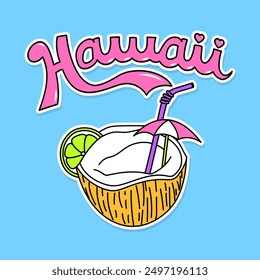 HAWAII LETTERING WITH A COCONUT DRINK AND LEMON, SLOGAN PRINT VECTOR