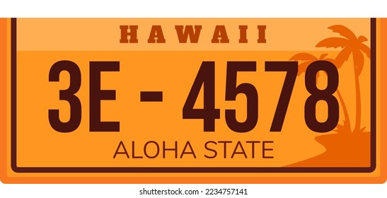 Hawaii license plate, isolated on white vector illustration. American car number sign, automobile registration element at metal table design.