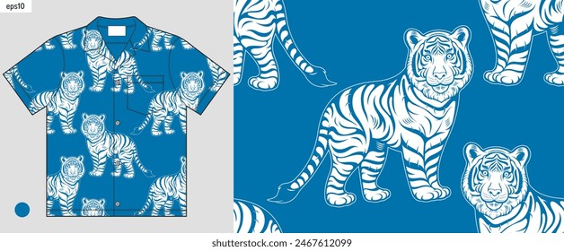 maqueta de camisa azul claro de hawaii con fondo de patrón sin fisuras de tigre de dibujos animados, moda de verano, textura abstracta, obras de arte para la ropa de serigrafía, ilustración de dibujo a mano.