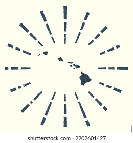 Hawaii Logo. Grunge sunburst poster with map of the island. Shape of Hawaii filled with hex digits with sunburst rays around. Classy vector illustration.