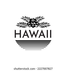 Hawaii logo vintage hibiscus flowers and palm leaves isolated vector illustration in sea.
