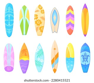 Hawaii longboards. Unusual colorful surfboards, surfing beach hawaiian surfer wooden board decoration, surf bodyboarding object set neat vector illustration of longboard and surfboard for beach