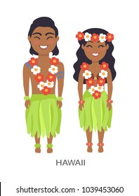 Hawaii male and female image, dressed in flowers and lei, leaves and coconut shell, represented on vector illustration isolated on white